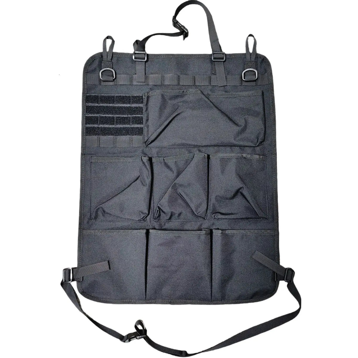 A gray tactical seat back organizer bag with seven pockets and straps for car storage.