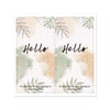 Grußkarte mit dem Wort Hello in eleganter Schrift, umgeben von Aquarell-Laub und neutralen Tönen.