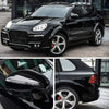 A glossy black SUV with a carbon fiber vinyl wrap film installed, showing various angles of the vehicle.