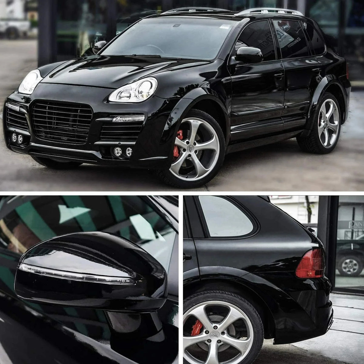 A glossy black SUV with a carbon fiber vinyl wrap film installed, showing various angles of the vehicle.