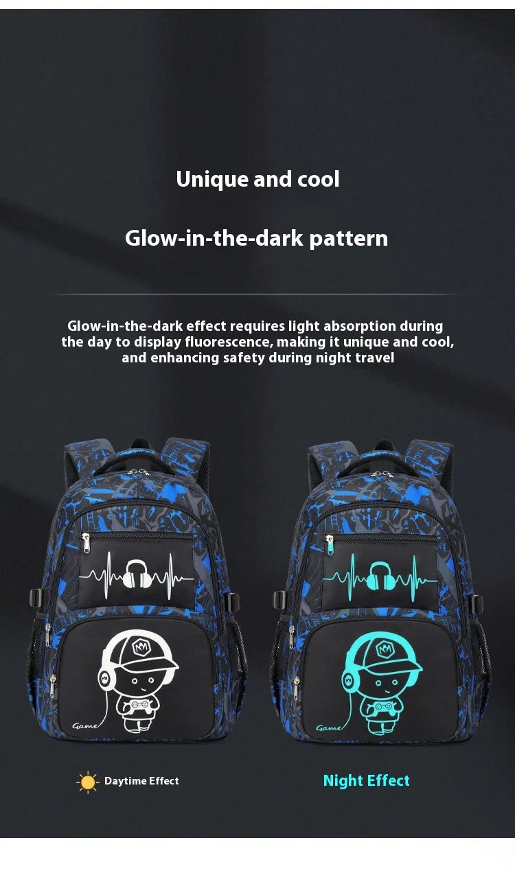 Blau-schwarze Graffiti-Muster-Rucksack mit Tages- und Nachtleuchteffekten