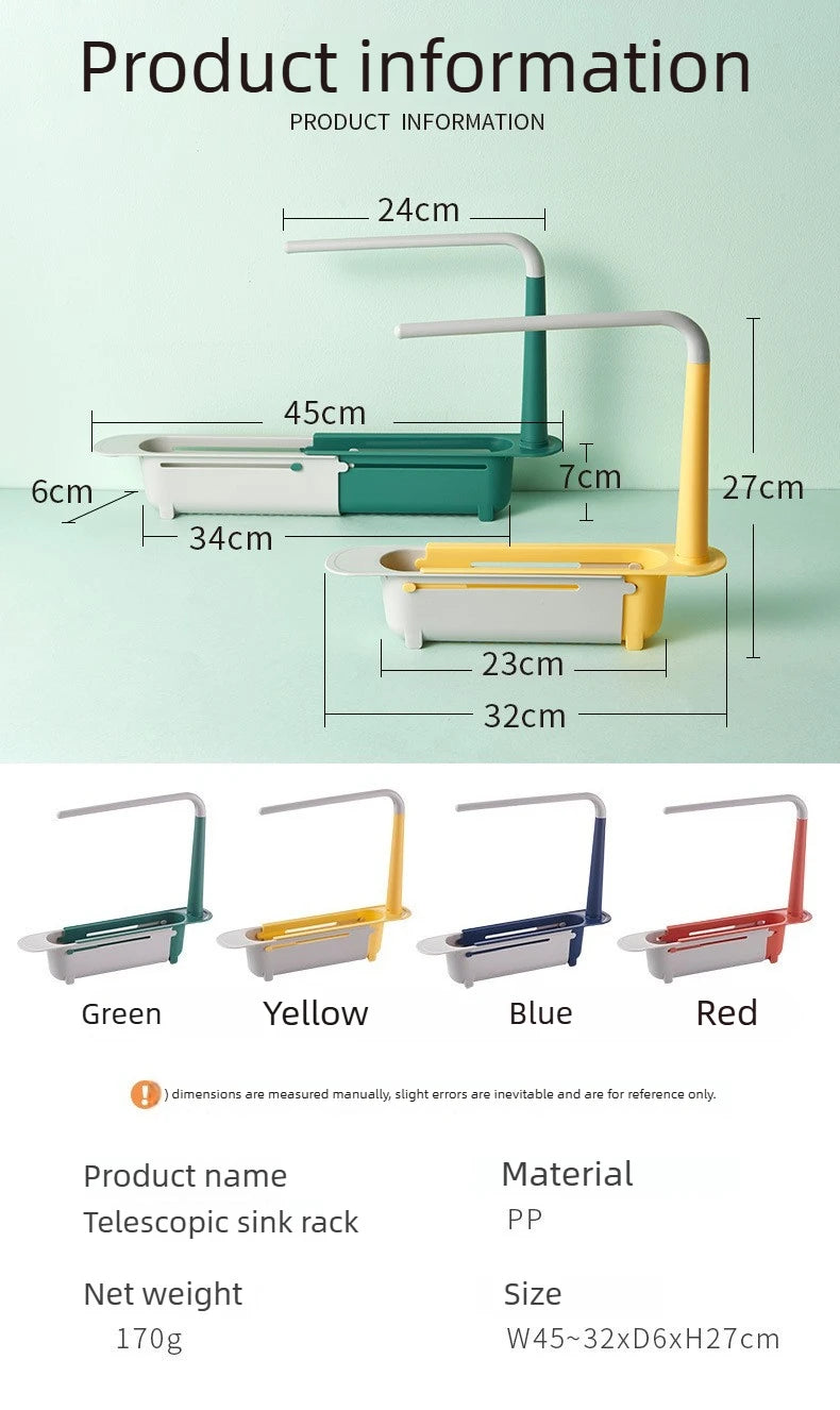 A set of four telescopic sink racks in green, yellow, blue, and red plastic with drainer baskets.