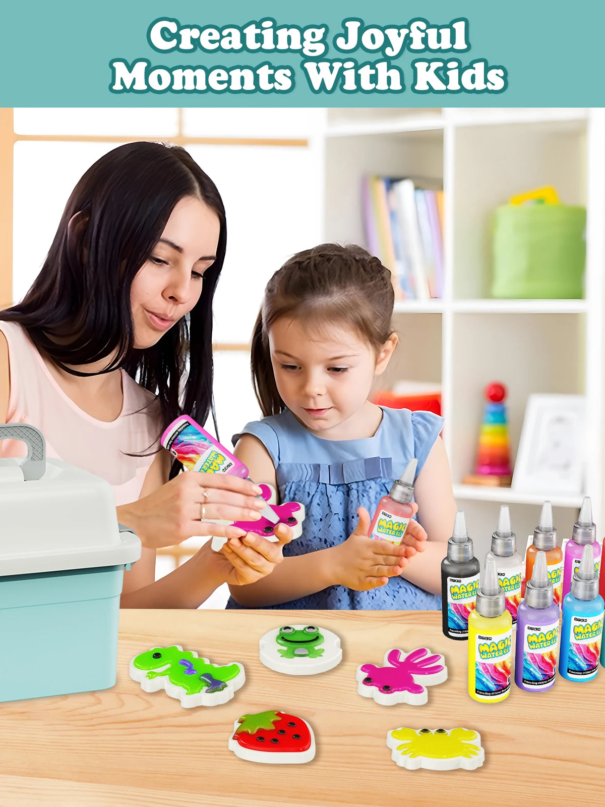 A girl and woman are painting a 3D water elf science kit for kids on a wooden table.