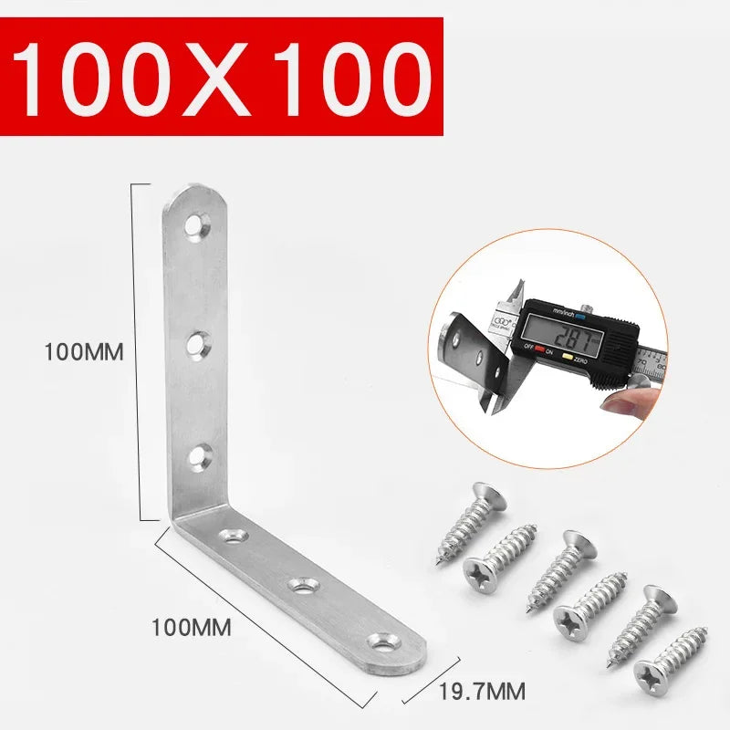 Stainless steel 100mm angle bracket and screws shown with dimension markings.