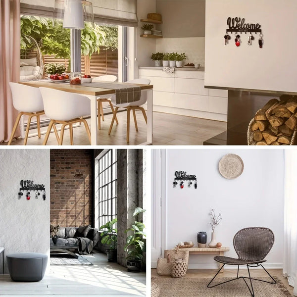 A wall-mounted metal key holder with eight hooks displayed on a white wall.