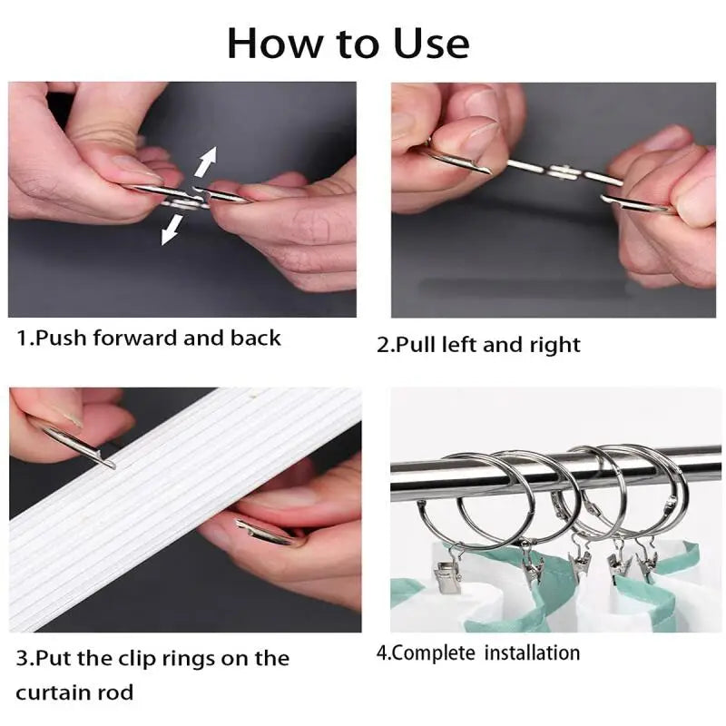 Instrucciones para usar anillos y clips metálicos para instalación de cortinas.