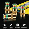 A set of four color-coded tire pressure indicator valve caps displayed on a black surface with related tools and warnings.