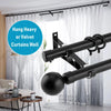 Black heavy duty double curtain rod brackets for wall mounting, shown with sheer curtains.