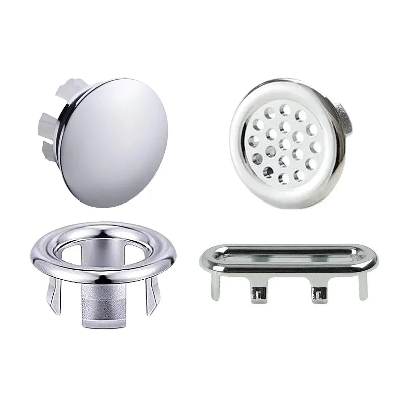 Chrome-plated sink overflow cover set including a round cover and a rectangular drain plate