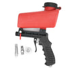 Red handheld pneumatic sandblasting gun with a black hopper and accessories
