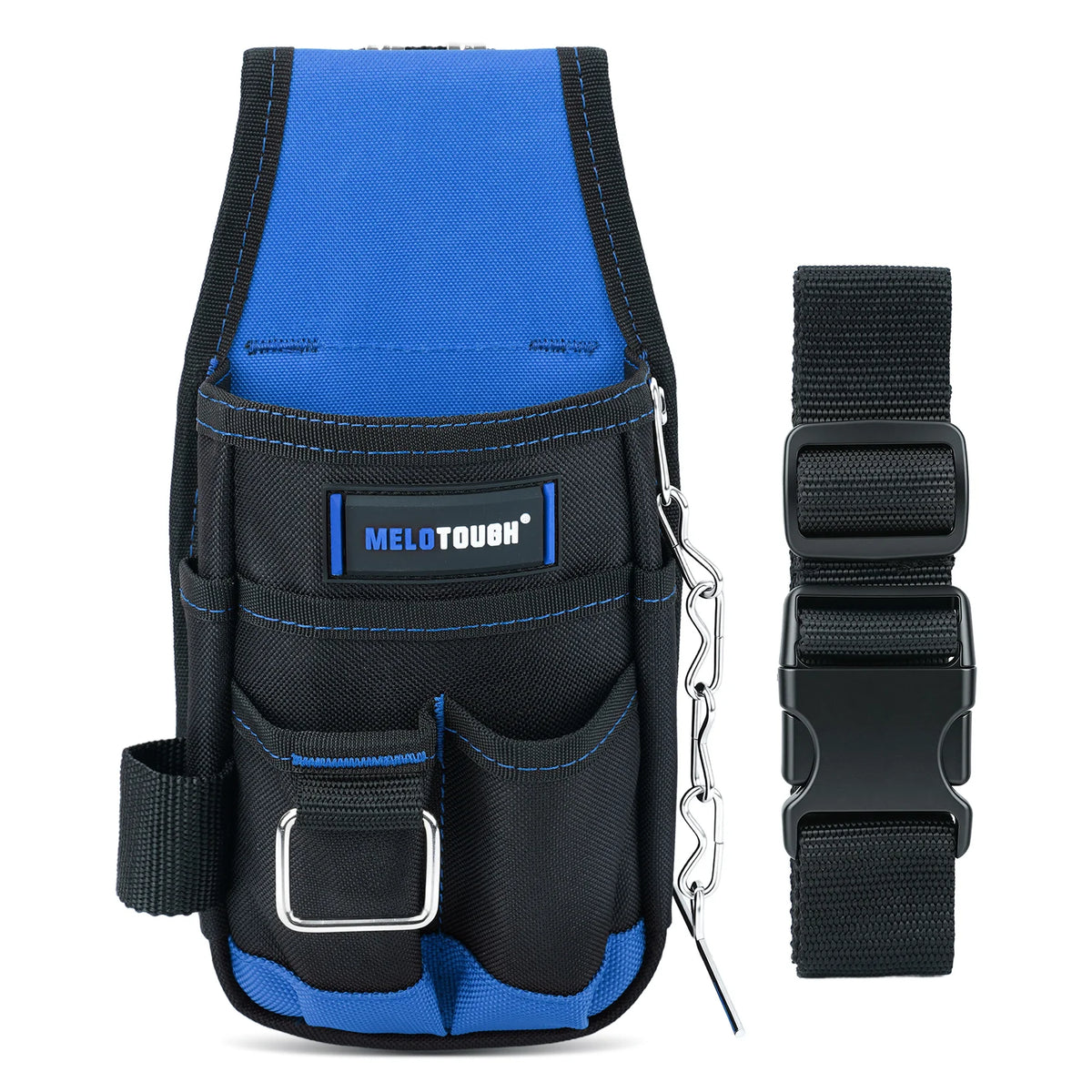 A black and blue compact tool pouch with a silver belt clip and adjustable strap.
