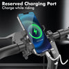 A smartphone is securely mounted on a bike handlebar using a claw mount for charging while riding.