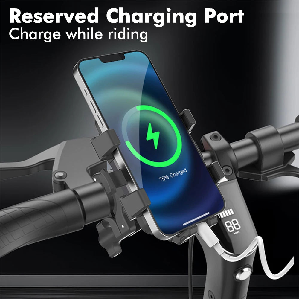 A smartphone is securely mounted on a bike handlebar using a claw mount for charging while riding.