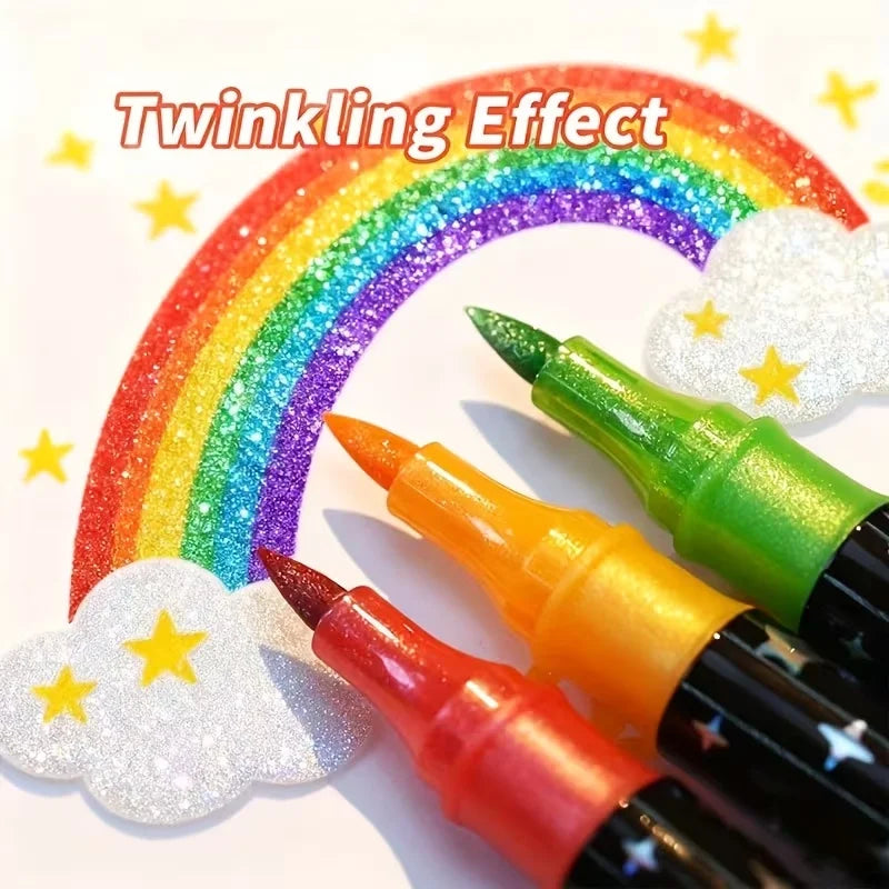 A set of 24-color dual-ended glitter pens with quick-dry glue ink displayed under a rainbow arc.