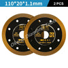 Two black diamond saw blades with gold edges and center holes, measuring 110x20x1.1mm each.