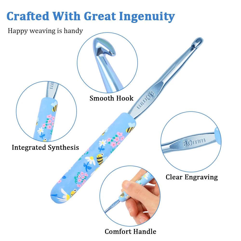 An ergonomic crochet hook set with a blue bee design showing features like a smooth hook, integrated synthesis, clear engravi