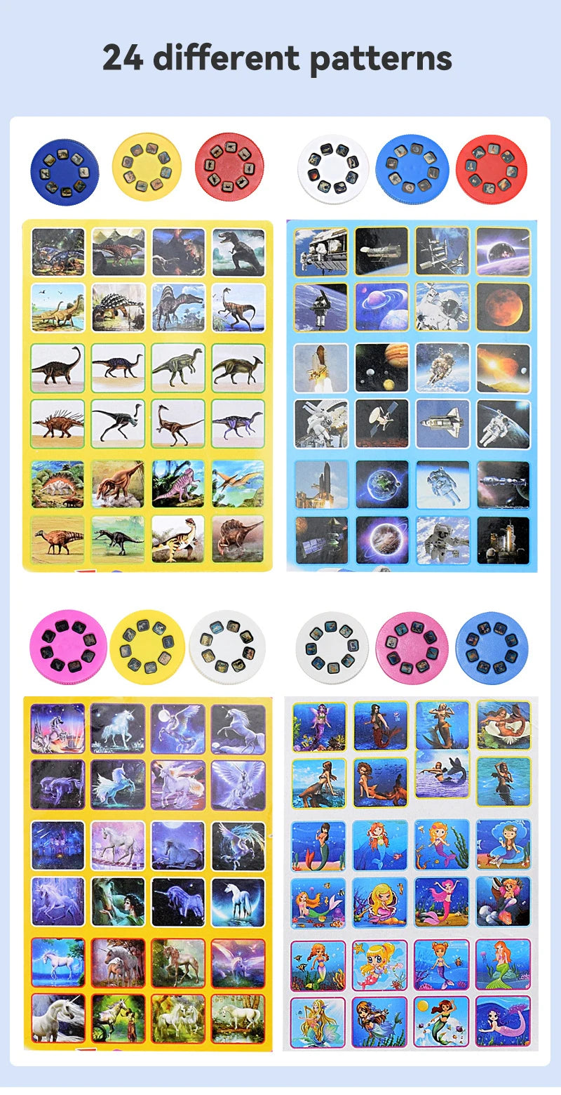 A collection of 24 different patterns and themes for a kids educational projector flashlight.