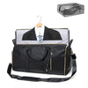 A black foldable travel garment duffel bag with a shoe pouch and a hanger displaying a black high heel shoe.