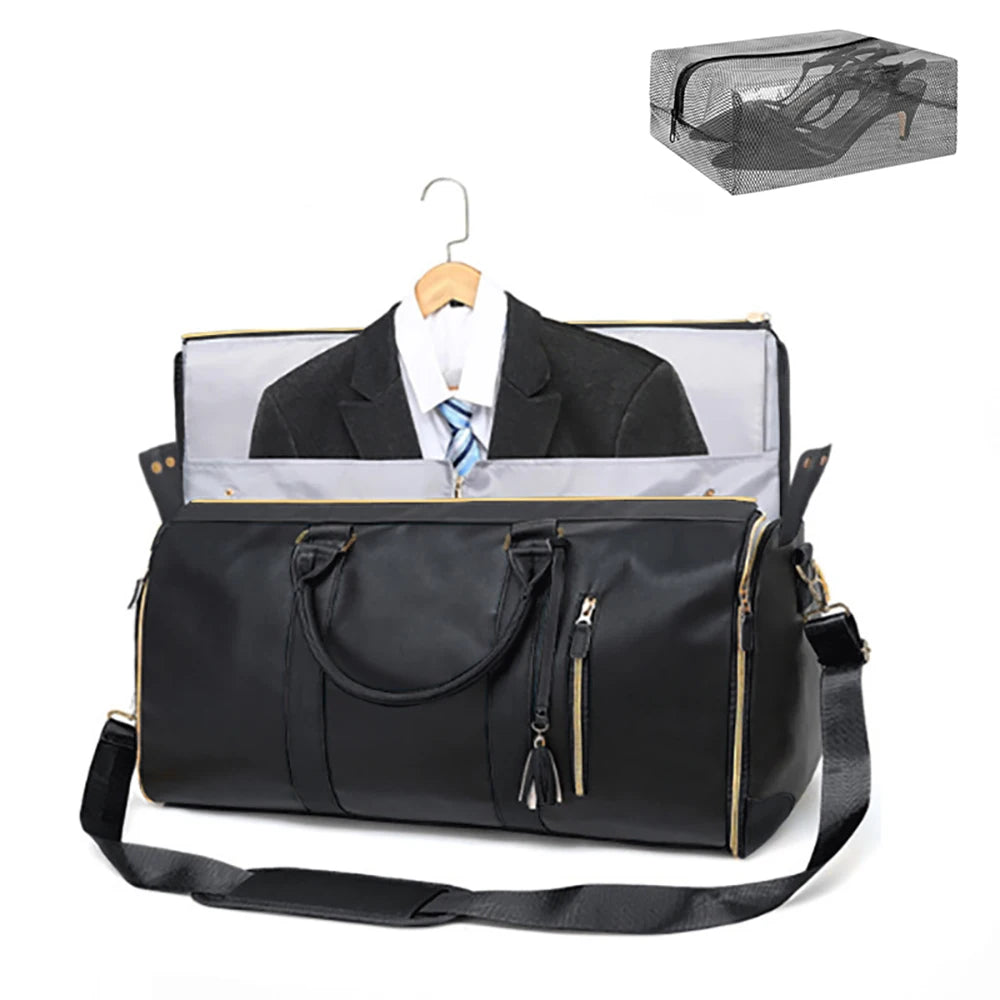 A black foldable travel garment duffel bag with a shoe pouch and a hanger displaying a black high heel shoe.
