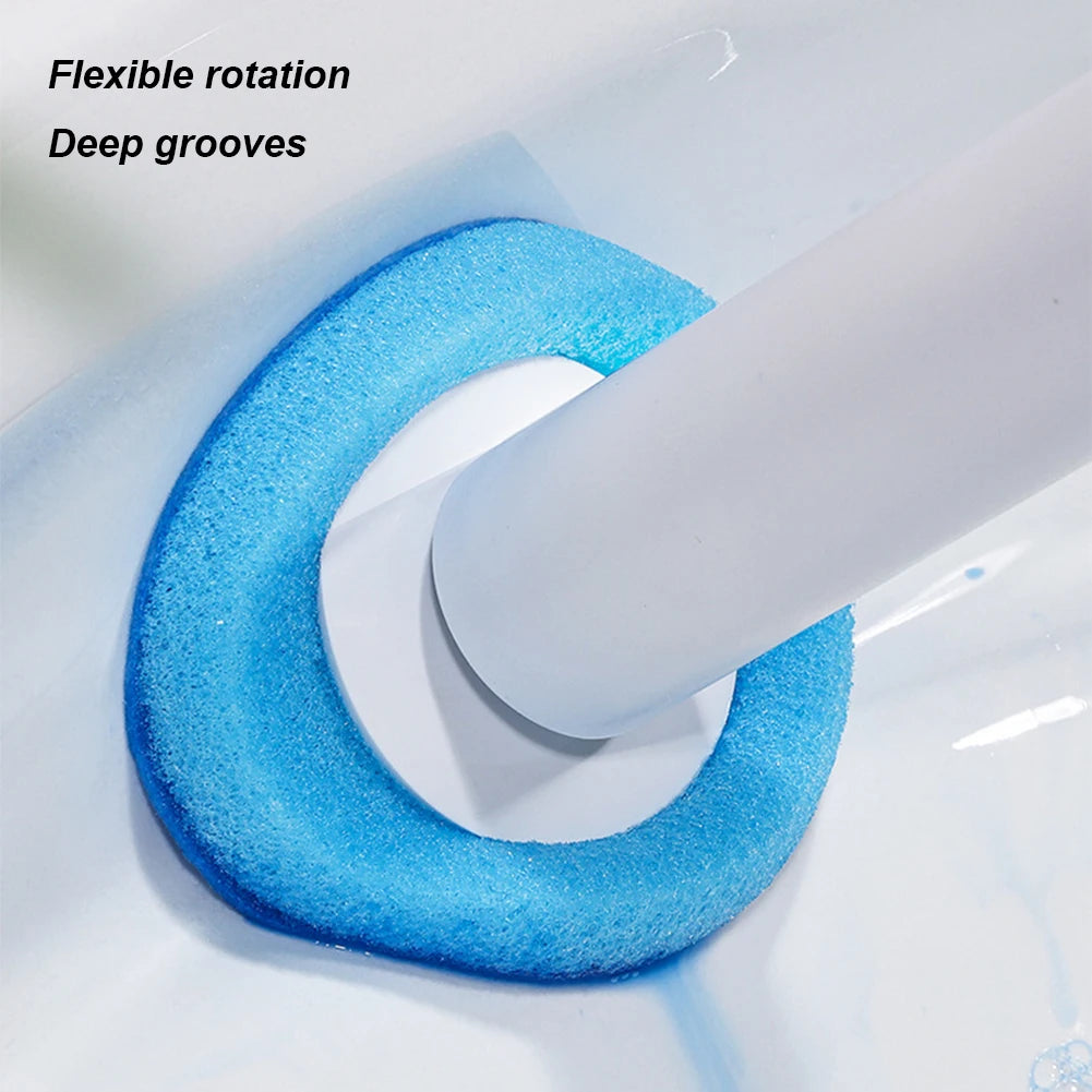A blue, textured cleaning product is shown being applied to a white surface with a white holder.