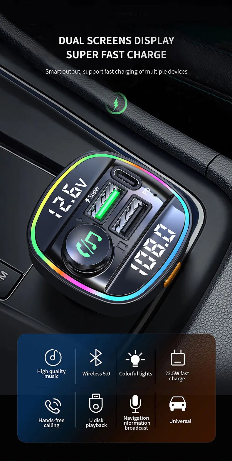 Bluetooth FM Transmitter with 22.5W Fast Charging Car Adapter