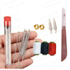 A hand holds a variety of sewing needles, including large-eye and machine needles, along with spools of thread and gold eyele