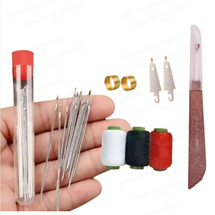 A hand holds a variety of sewing needles, including large-eye and machine needles, along with spools of thread and gold eyele