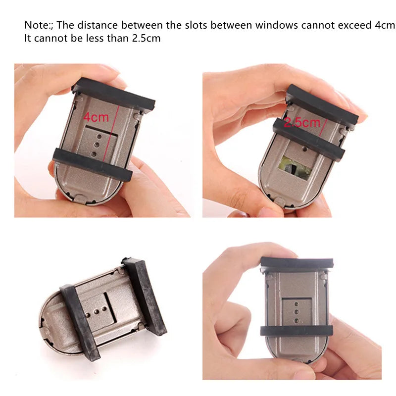 A close-up view of a universal safety window and door lock mechanism with various sizes shown for installation.