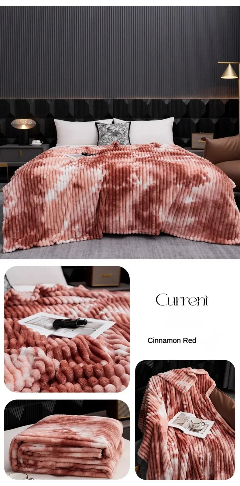 A cozy flannel fleece throw blanket in a cinnamon red tie-dye pattern draped over a sofa.