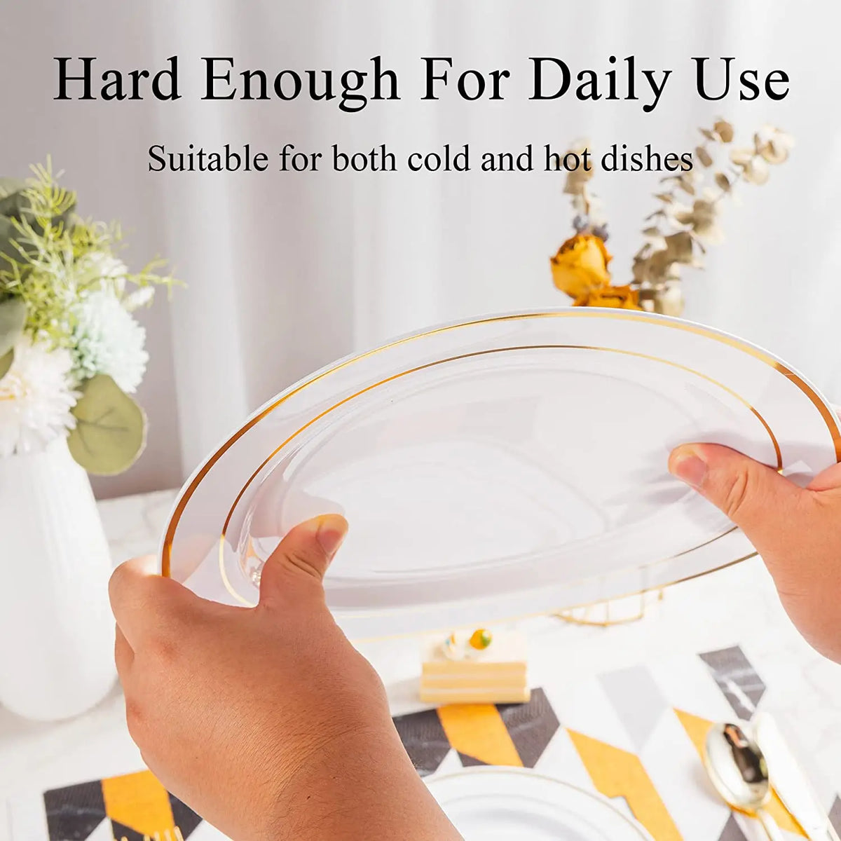 Elegant White Plastic Plates with Gold Rim