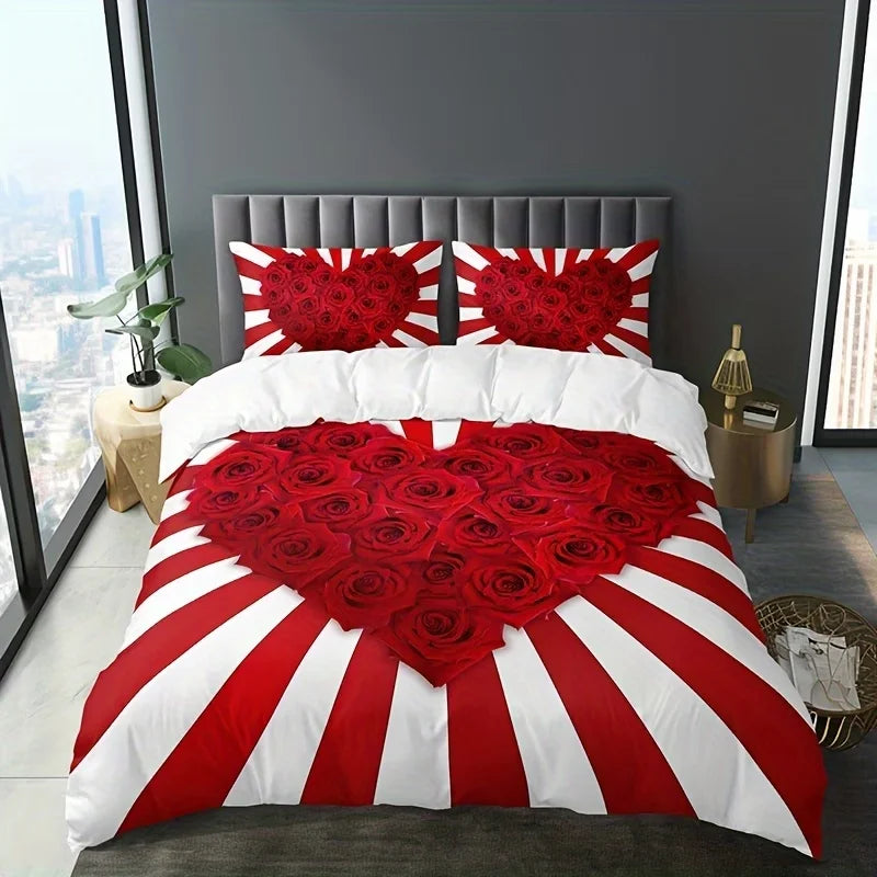 Dark Red Three-Piece Duvet Cover Set with Letter Print