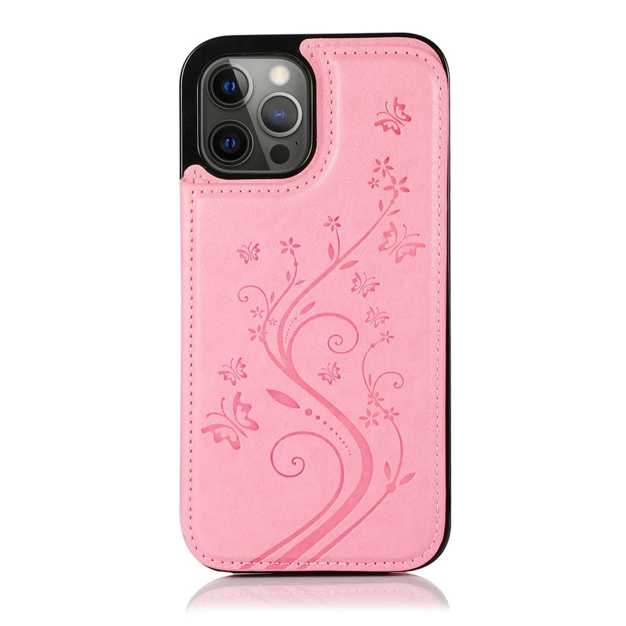 Butterfly Embossed Leather Wallet Case with Magnetic Flip Closure