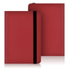 A red leather e-reader case with a black strap shown in a studio setting.