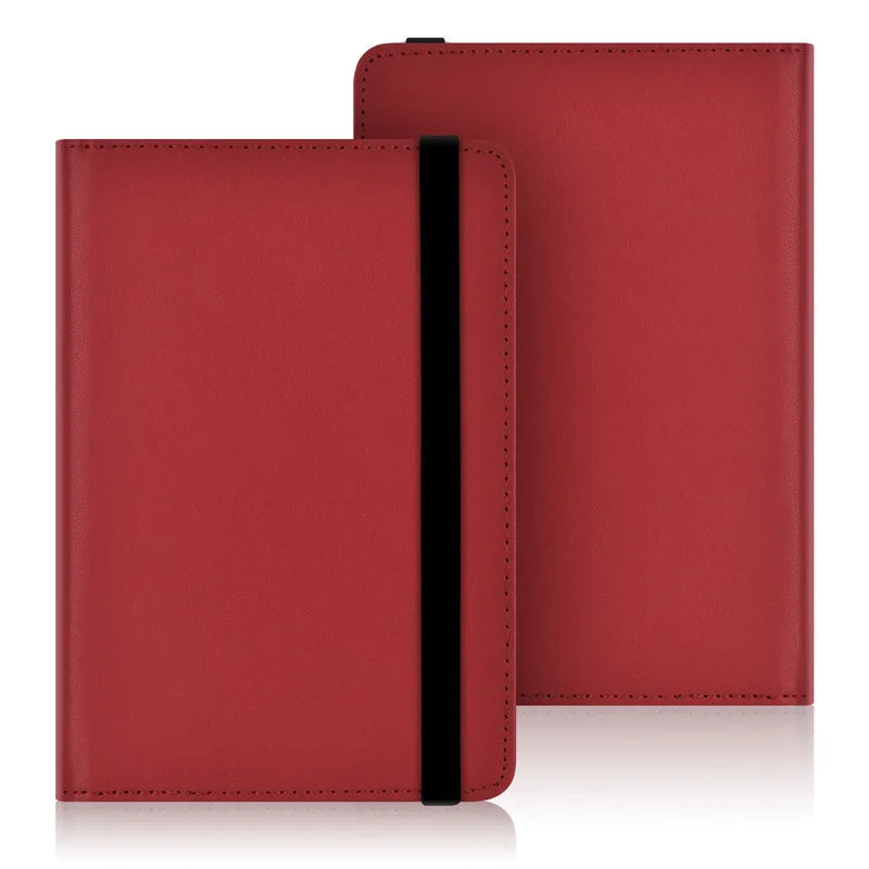 A red leather e-reader case with a black strap shown in a studio setting.
