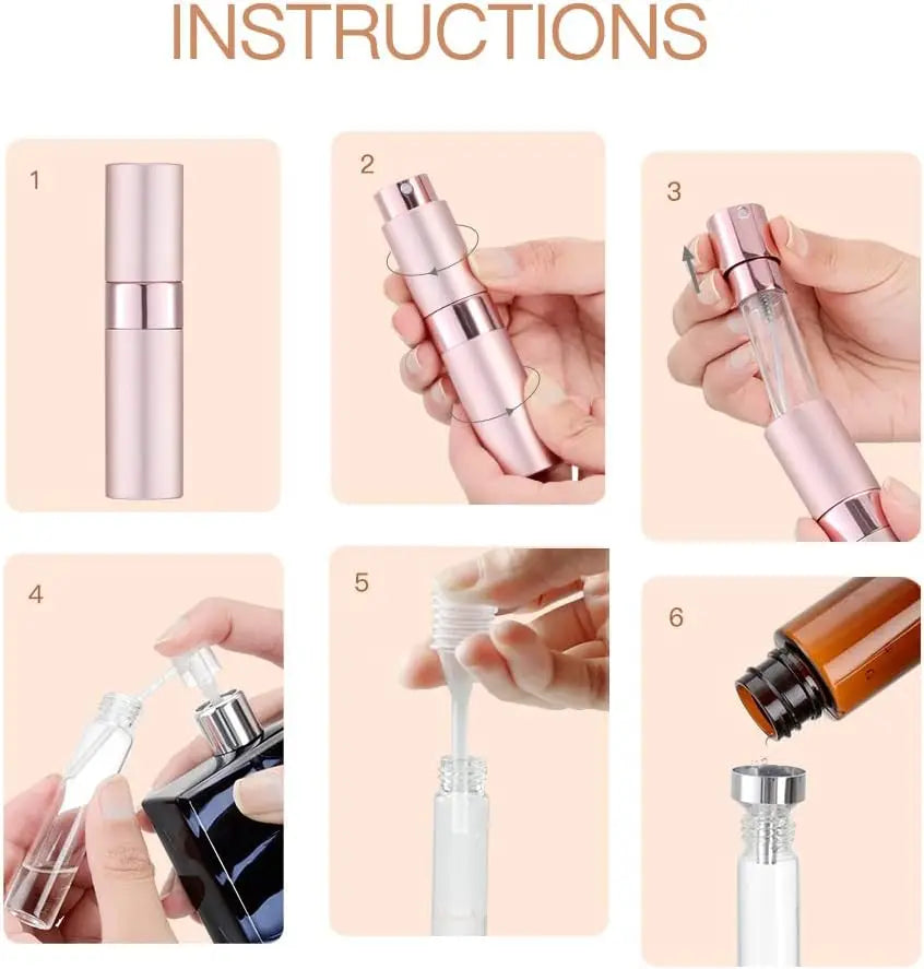 Instrucciones para usar un set de atomizador de perfume de viaje de 3 piezas para aplicar fragancia.