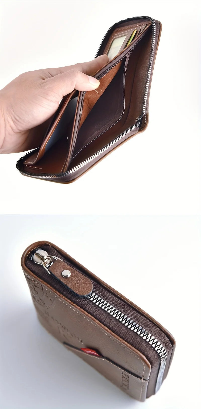 Men's Waxed Leather Card Holder Wallet with Zipper Coin Pocket