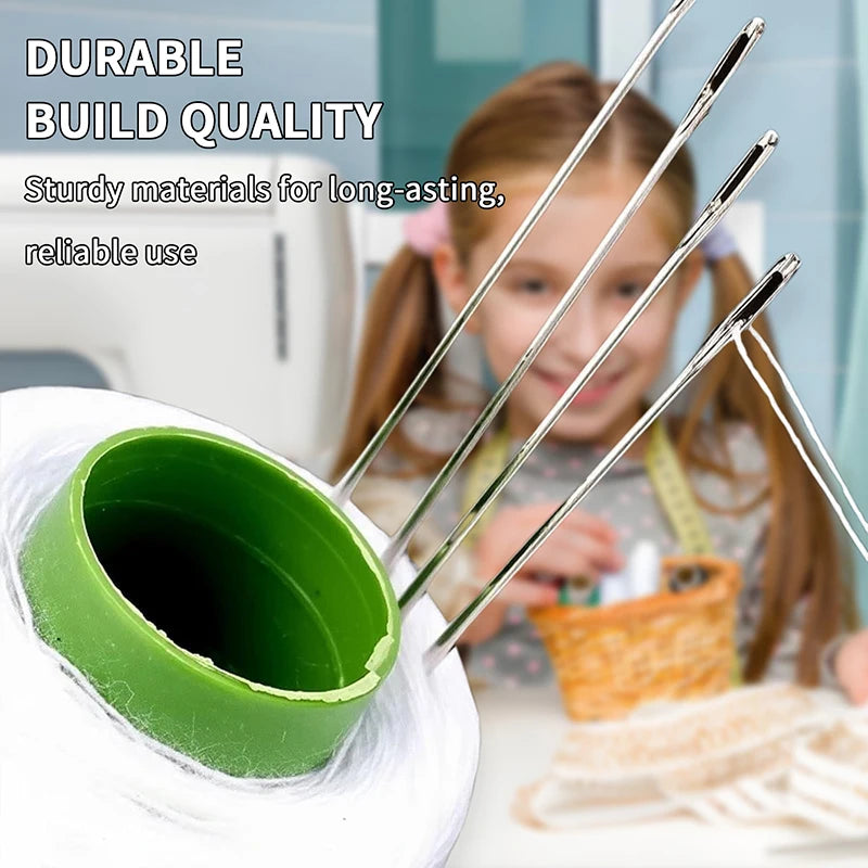 A young girl is holding a set of stainless steel sewing needles on a white spool, demonstrating the durable build quality.