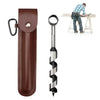 A brown leather holster for a manual wood auger drill with a metal shaft.