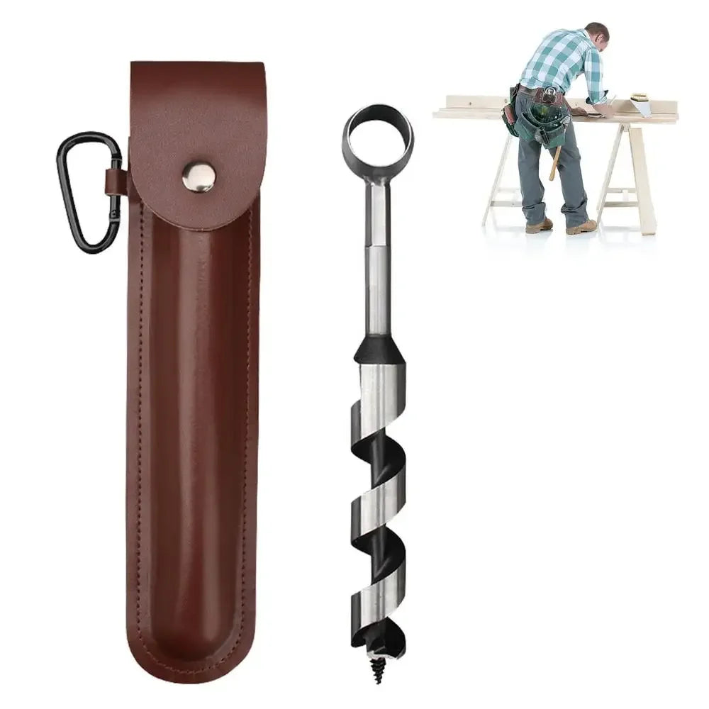 A brown leather holster for a manual wood auger drill with a metal shaft.