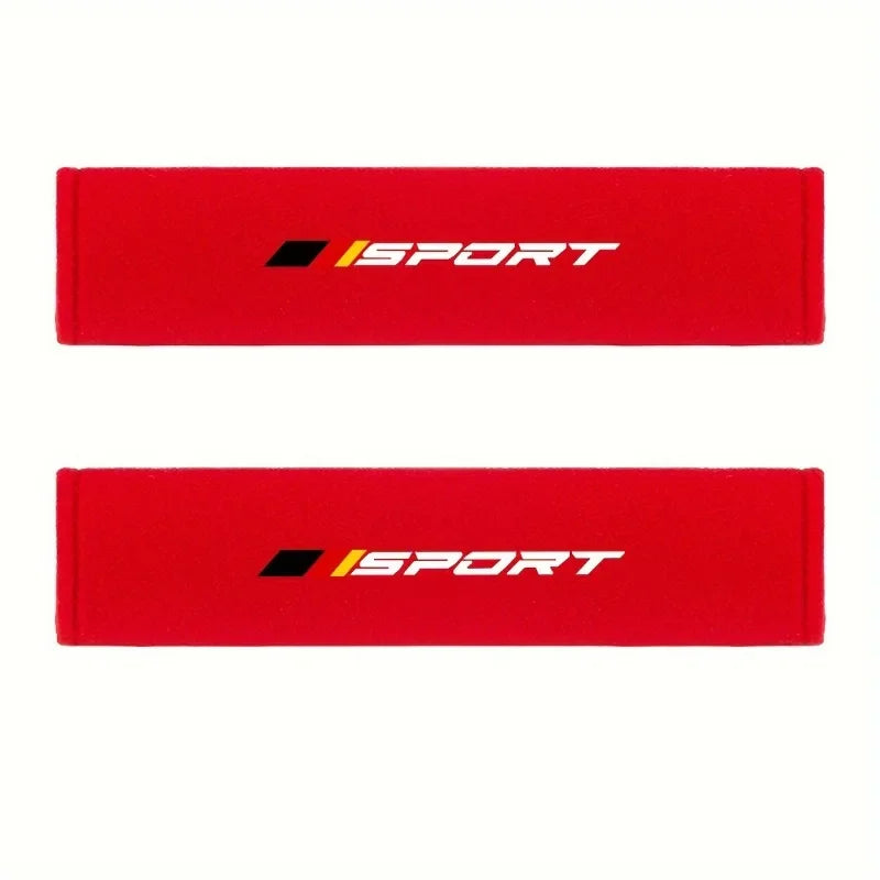 Two red soft car seat belt cushion sets featuring the SPORT logo.