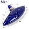 A blue ceramic ocarina with a flared mouthpiece and multiple holes, shown with dimension lines.