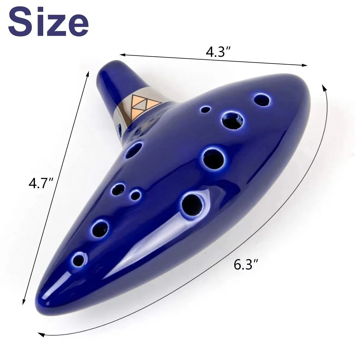 A blue ceramic ocarina with a flared mouthpiece and multiple holes, shown with dimension lines.