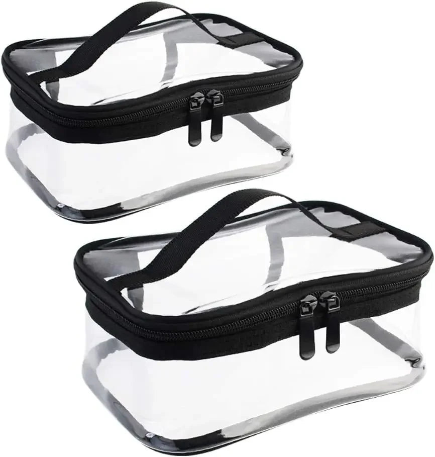 Clear transparent storage bag with a black zipper for organizing items like toys or cosmetics.