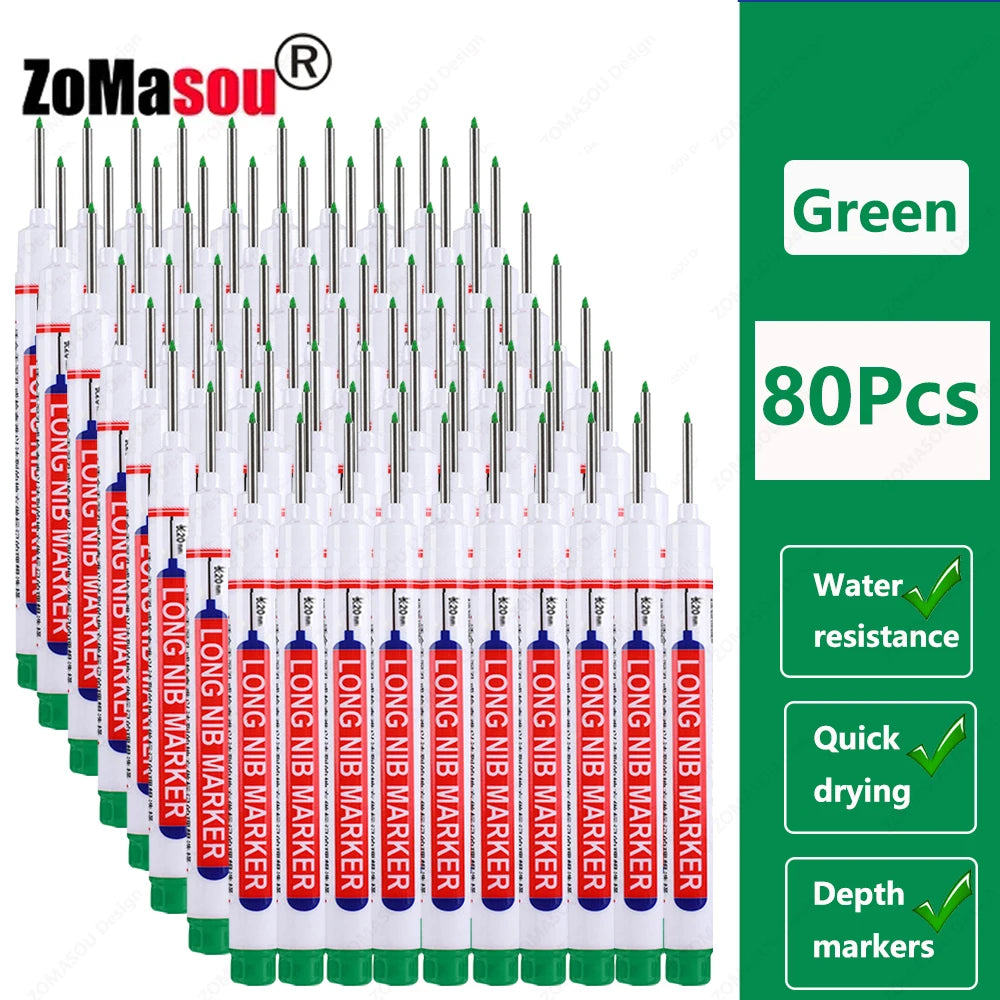A set of green long-head waterproof deep hole markers for woodworking and construction