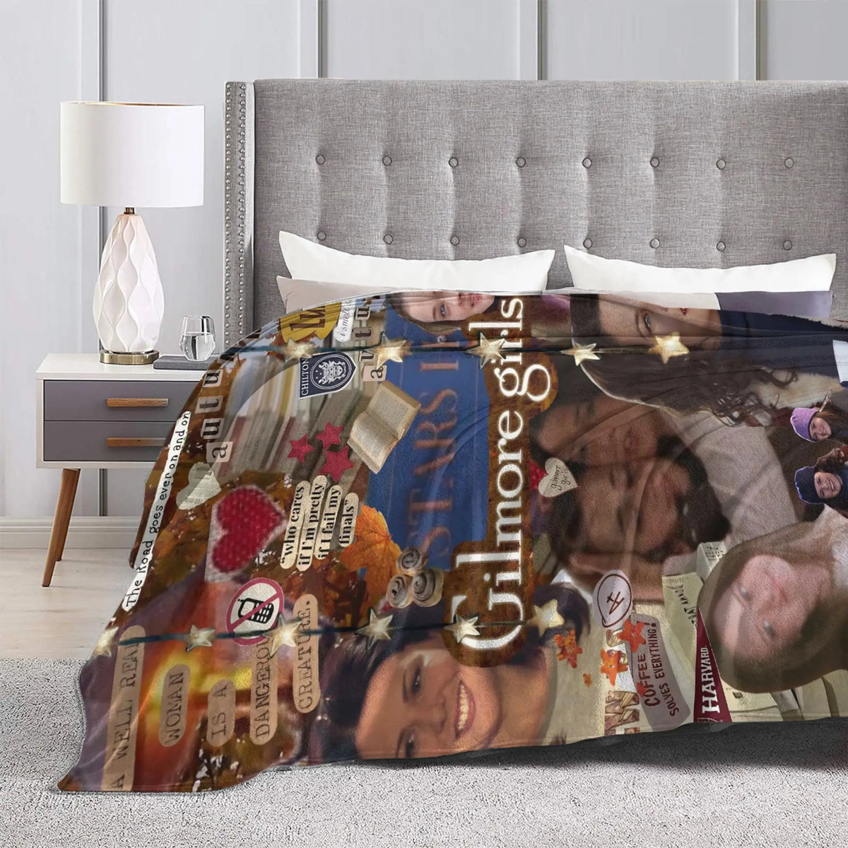 A fan throw blanket featuring images and text related to Gilmore Girls
