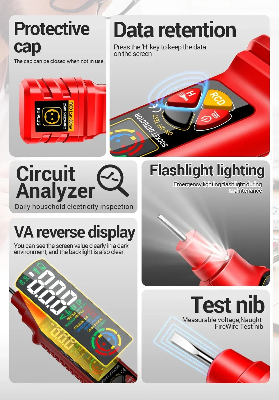 Socket Tester with AC/DC Voltage Detection and Polarity Check