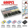 A box of 600 pieces of heat shrink solder sleeves in various colors and gauges for electronics soldering.