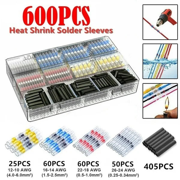 A box of 600 pieces of heat shrink solder sleeves in various colors and gauges for electronics soldering.