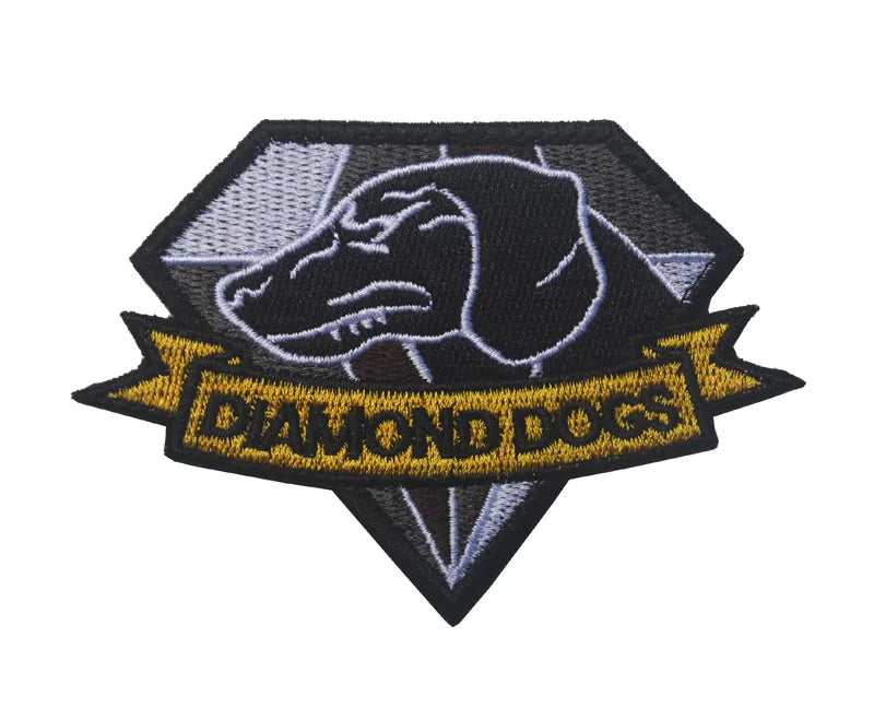 Embroidered patch featuring a stylized dog head and the text Diamond Dogs on a dark fabric background.