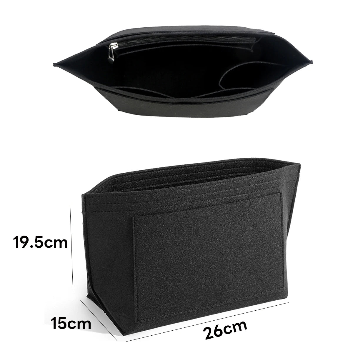 Schwarzer Filz-Organizer-Einsatz für Longchamp-Handtaschen, gezeigt in gefalteter und flacher Ansicht.